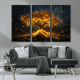 60194-MGV-CV-36X24-Glowing Tree Wall Art – Golden Roots Fantasy Canvas Print, Mystical Illuminated Tree Painting Poster for Living Room, Bedroom,