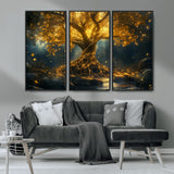 92739-MGV-FC-48X32-3P_Black-Glowing Tree Wall Art – Enchanted Golden Forest Canvas Print, Mystical Illuminated Nature Painting Poster for Living Room,