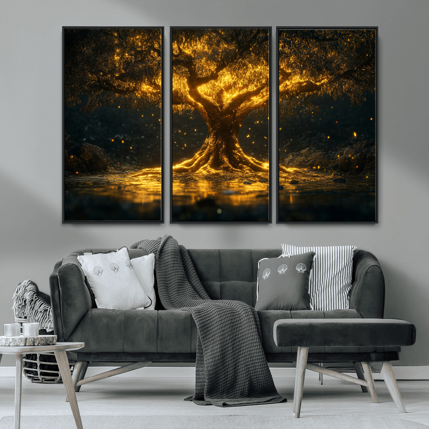 59580-MGV-CV-36X24-Glowing Tree Wall Art – Golden Fantasy Nature Canvas Print, Mystical Illuminated Tree Painting Poster for Living Room, Bedroom,