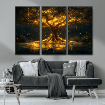 59580-MGV-CV-36X24-Glowing Tree Wall Art – Golden Fantasy Nature Canvas Print, Mystical Illuminated Tree Painting Poster for Living Room, Bedroom,