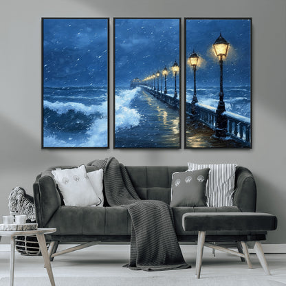 32668-MGV-CV-36X24-Stormy Pier Wall Art – Ocean Waves and Street Lamps Canvas Print, Rainy Night Seascape Oil Painting Poster for Living Room,