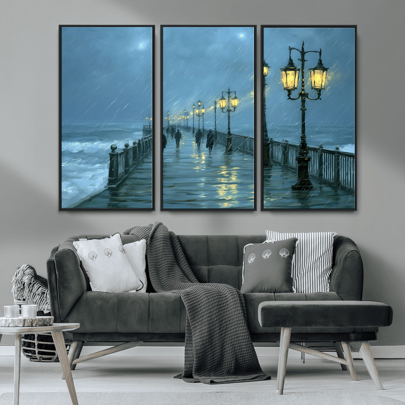 79606-MGV-CV-36X24-Rainy Pier Night Wall Art – Ocean Waves and Street Lamps Canvas Print, Moody Seascape Oil Painting Poster for Living Room,