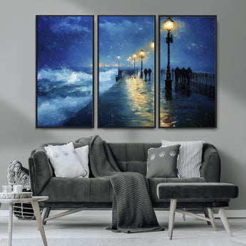 94571-MGV-CV-36X24-Seaside Night Wall Art – Ocean Waves and Street Lamps Canvas Print, Rainy City Pier Oil Painting Poster for Living Room, Bedroom,