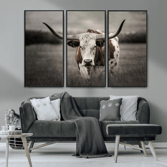 69238-MGV-CV-36X24-Longhorn Bull Wall Art – Rustic Black and White Texas Cattle Canvas Print, Western Farmhouse Animal Photography for Living Room,