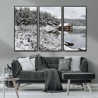 94285-MGV-CV-36X24-Snowy Cabin Wall Art Canvas Print, Framed Winter Cabin Art Picture Print, Mountain Lake Perfect Snowy Nature Decor Artwork