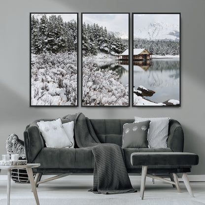 94285-MGV-CV-36X24-Snowy Cabin Wall Art Canvas Print, Framed Winter Cabin Art Picture Print, Mountain Lake Perfect Snowy Nature Decor Artwork