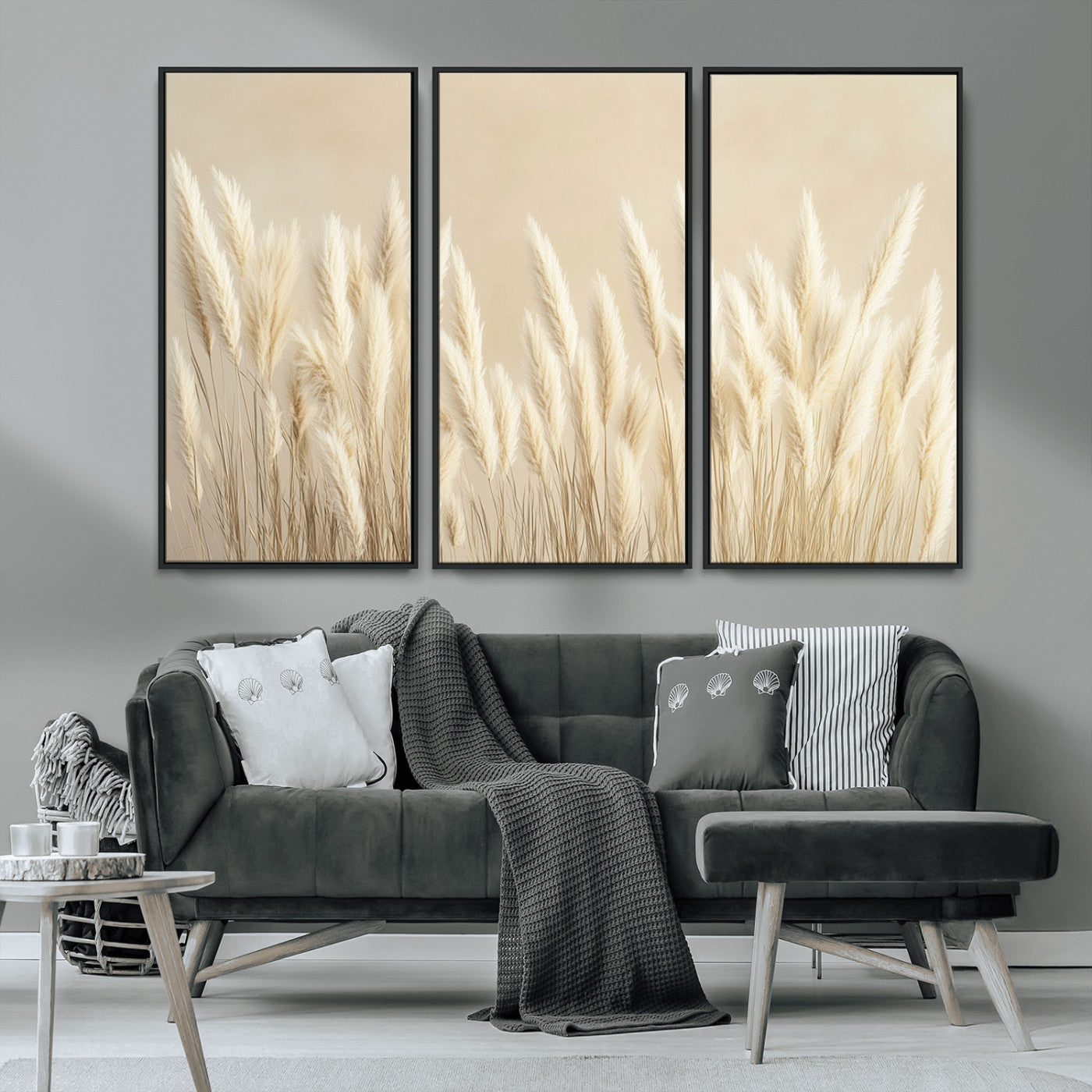 81444-MGV-CV-36X24-Pampas Grass Wall Art Canvas Print, Framed Beige Pampas Grass Art Picture Print, Minimalist Beige Perfect Minimalist Nature Decor