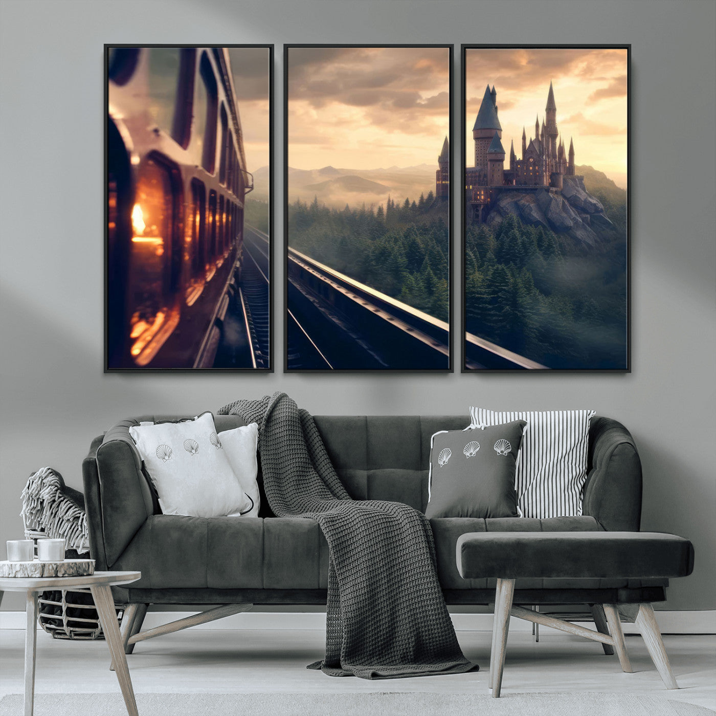 84029-MGV-CV-36X24-Fantasy Castle Wall Art – Magical Train Sunset Forest Canvas Print, Enchanted Landscape Painting Poster for Living Room, Bedroom,