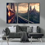 84029-MGV-CV-36X24-Fantasy Castle Wall Art – Magical Train Sunset Forest Canvas Print, Enchanted Landscape Painting Poster for Living Room, Bedroom,