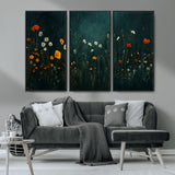 87037-MGV-CV-36X24-Wildflower Wall Art – Dark Botanical Floral Canvas Print, Modern Nature Painting Poster with Daisies Poppies Orange Flowers for