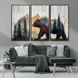 90077-MGV-CV-36X24-Wood Grizzly Bear Wall Art Canvas Print, Framed Abstract Bear Art Picture Print, Bear in Forest Perfect Rustic Lodge Decor Artwork