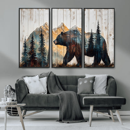 90077-MGV-CV-36X24-Wood Grizzly Bear Wall Art Canvas Print, Framed Abstract Bear Art Picture Print, Bear in Forest Perfect Rustic Lodge Decor Artwork