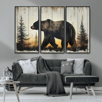 83875-MGV-CV-36X24-Sunset Bear Wall Art – Rustic Wildlife Canvas Print with Forest Silhouette, Cabin Lodge Decor for Living Room or Office