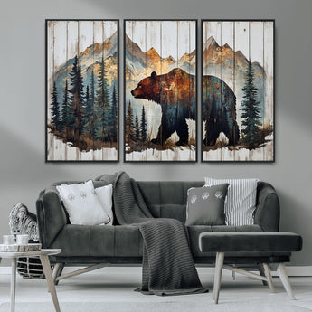 55777-MGV-CV-36X24-Rustic Bear Wall Art Canvas Print, Framed Mountain and Forest Art Picture Print, Wooden Bear Perfect Rustic Lodge Decor Artwork