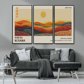 88180-MGV-CV-36X24-Yayoi Kusama Landscape Wall Art – Abstract Dotted Mountain Canvas Print, Retro Sun Poster for Modern Living Room, Office or