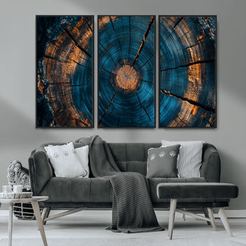 65231-MGV-CV-36X24-Blue and Gold Tree Ring Wall Art – Rustic Abstract Wood Slice Canvas Print, Modern Nature Inspired Artwork for Living Room,