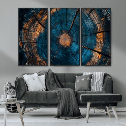 65231-MGV-CV-36X24-Blue and Gold Tree Ring Wall Art – Rustic Abstract Wood Slice Canvas Print, Modern Nature Inspired Artwork for Living Room,