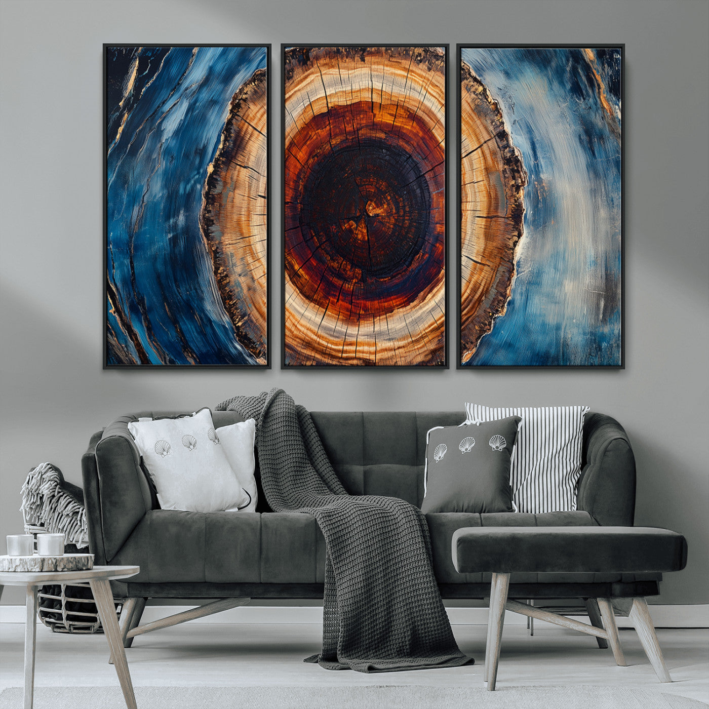30457-MGV-CV-36X24-Tree Ring Abstract Wall Art – Blue and Brown Wood Grain Canvas Print, Modern Nature Inspired Painting for Rustic Living Room,