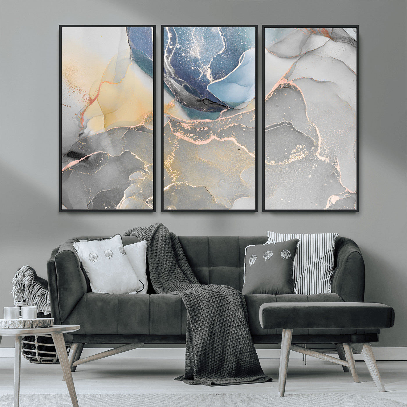 18176-MGV-CV-36X24-Abstract Fluid Wall Art – Modern Marble Ink Canvas Print with Blue, Gold, and Gray Tones, Contemporary Minimal Artwork Decor for