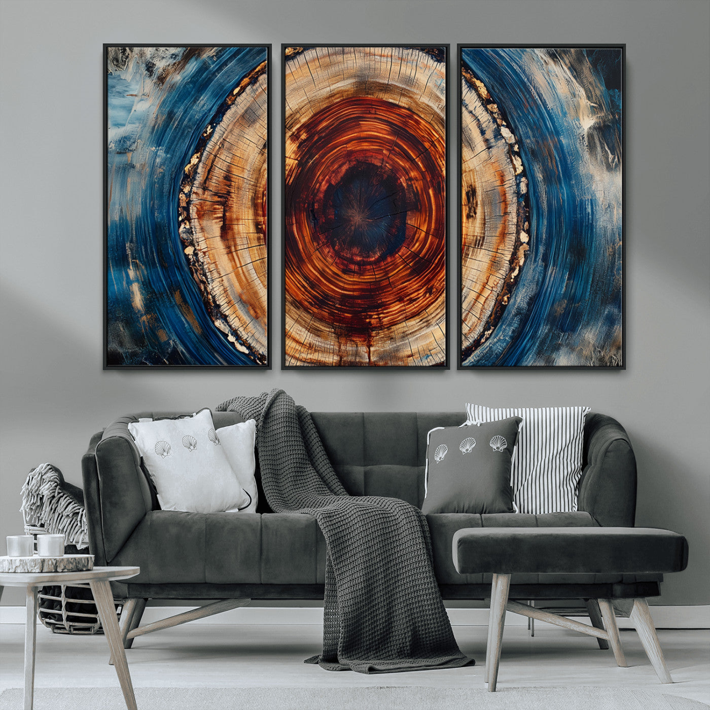 90395-MGV-CV-36X24-Tree Ring Wall Art – Abstract Wood Grain Canvas Print with Fiery Red and Blue Tones, Bold Rustic Nature Inspired Artwork Decor for