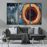 48045-MGV-CV-36X24-Tree Ring Abstract Wall Art – Rustic Wood Grain Canvas Print with Brown Center and Blue Brush Strokes, Nature Inspired Artwork for