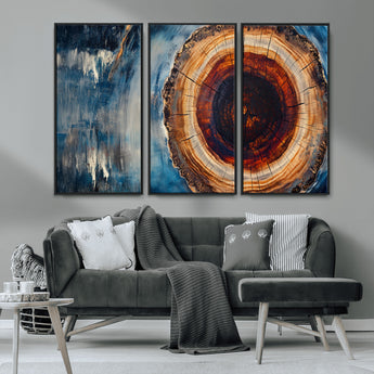 48045-MGV-CV-36X24-Tree Ring Abstract Wall Art – Rustic Wood Grain Canvas Print with Brown Center and Blue Brush Strokes, Nature Inspired Artwork for