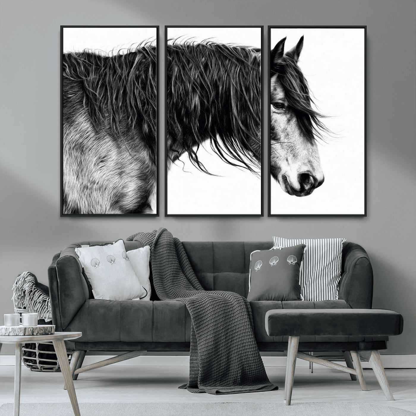 57694-MGV-CV-36X24-Horse Portrait Wall Art – Black and White Canvas Print with Detailed Stallion Profile, Rustic Farmhouse Equestrian Artwork for