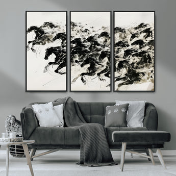 23069-MGV-CV-36X24-Galloping Horses Wall Art – Black Ink Painting on Canvas, Dynamic Equestrian Artwork with Running Stallions, Expressive Modern
