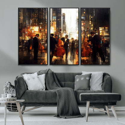 58782-MGV-CV-36X24-Jazz Musicians Cityscape Wall Art – Vibrant Urban Night Canvas Print, Elegant Music Themed Decor for Living Room, Office, or Music
