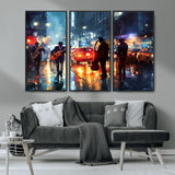 94605-MGV-CV-36X24-City Jazz Night Wall Art – Vibrant Music Canvas Print Featuring Saxophone, Guitar and Bass Players, Urban Street Scene Artwork for