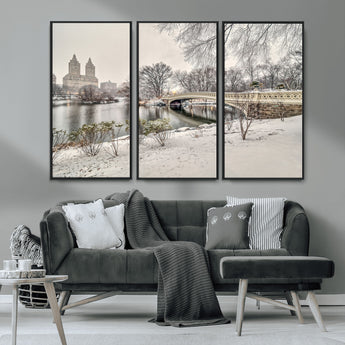 60292-MGV-FC-48X32-3P_Black-Central Park Winter Wall Art – Snowy Bow Bridge Canvas Print, Scenic New York City Landscape Photography for Living Room, Bedroom
