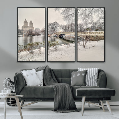 60292-MGV-FC-48X32-3P_Black-Central Park Winter Wall Art – Snowy Bow Bridge Canvas Print, Scenic New York City Landscape Photography for Living Room, Bedroom