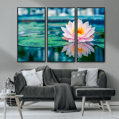 65933-MGV-CV-36X24-Pink Water Lily Wall Art – Lotus Flower Canvas Print with Reflection on Calm Water, Peaceful Botanical Artwork for Living Room,