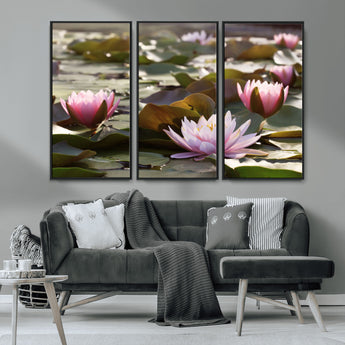 72218-MGV-CV-36X24-Water Lily Pond Wall Art – Pink Lotus Flowers Canvas Print with Green Lily Pads, Peaceful Botanical Artwork for Living Room,