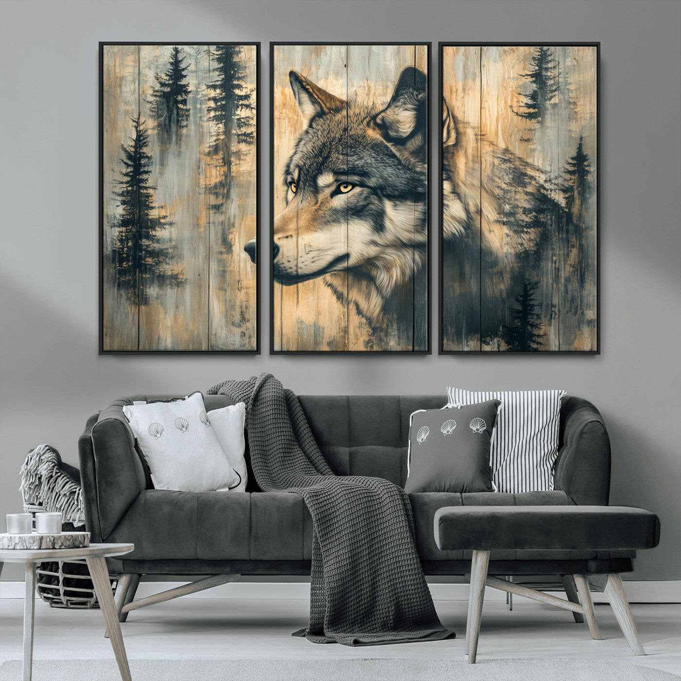 51892-MGV-CV-36X24-Wolf Wall Art – Rustic Canvas Print of Wolf with Forest Trees on Wood Texture, Wildlife Lodge Artwork for Living Room, Bedroom,