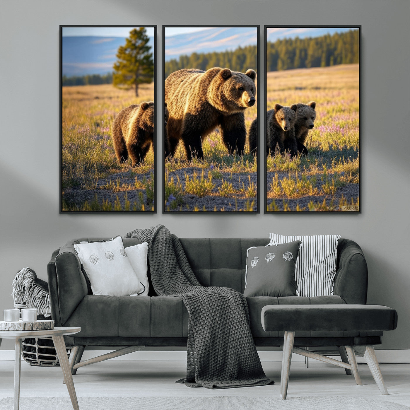 43400-MGV-CV-36X24-Bear Family Wall Art – Wildlife Canvas Print of Mother Bear with Cubs in Sunlit Meadow, Rustic Animal Artwork for Living Room,
