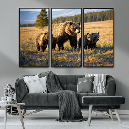 43400-MGV-CV-36X24-Bear Family Wall Art – Wildlife Canvas Print of Mother Bear with Cubs in Sunlit Meadow, Rustic Animal Artwork for Living Room,
