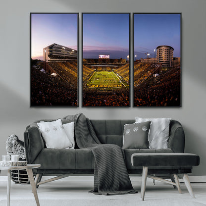 82557-MGV-CV-36X24-College Football Stadium Wall Art – Panoramic Sunset Canvas Print with Marching Band and Game Day Crowd, Sports Artwork for Man