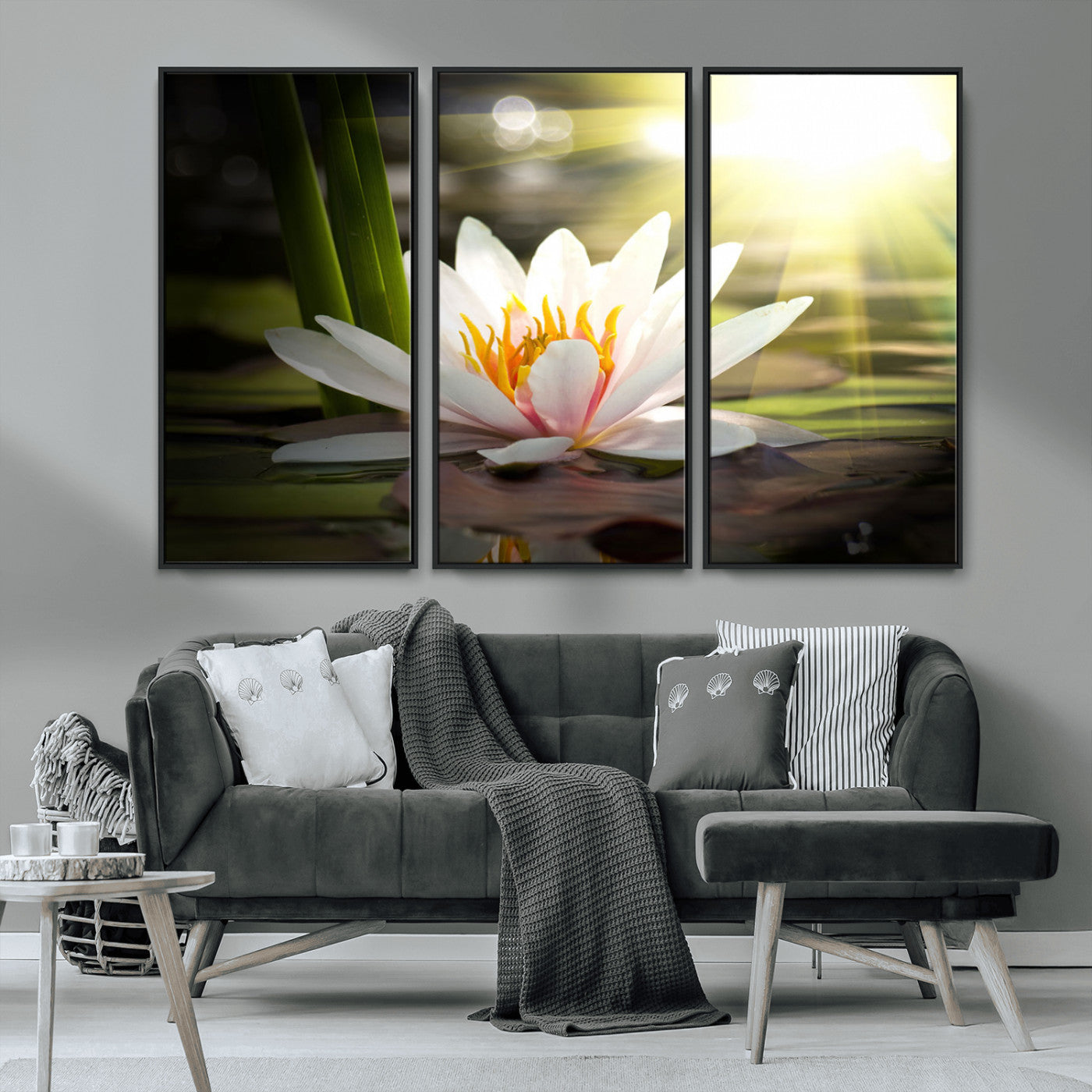 60352-MGV-FC-48X32-3P_Black-White Water Lily Wall Art – Lotus Flower Canvas Print with Sunlight Reflection, Peaceful Botanical Artwork for Living Room,