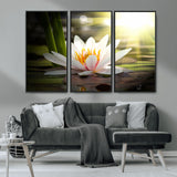 60352-MGV-FC-48X32-3P_Black-White Water Lily Wall Art – Lotus Flower Canvas Print with Sunlight Reflection, Peaceful Botanical Artwork for Living Room,