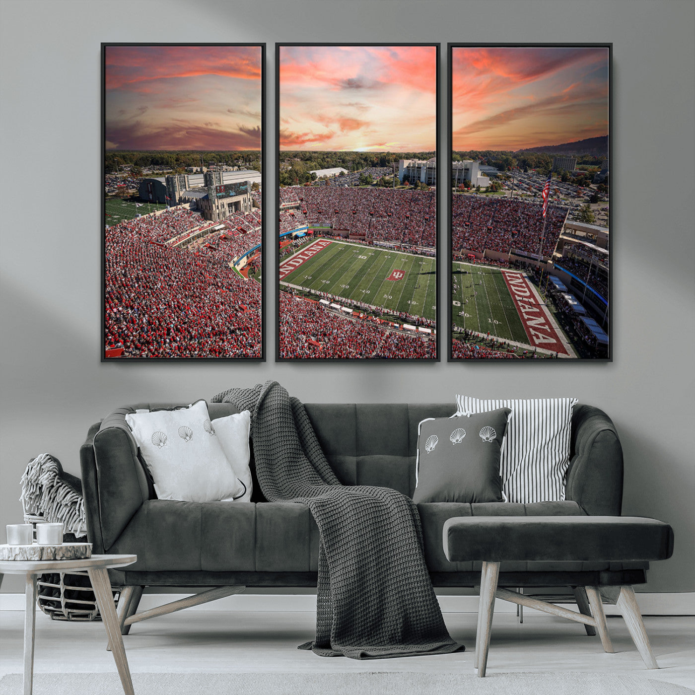 51135-MGV-FC-48X32-3P_Black-Indiana Hoosiers Stadium Wall Art – Panoramic Football Canvas Print with Game Day Crowd and Sunset Sky, Sports Artwork for Man