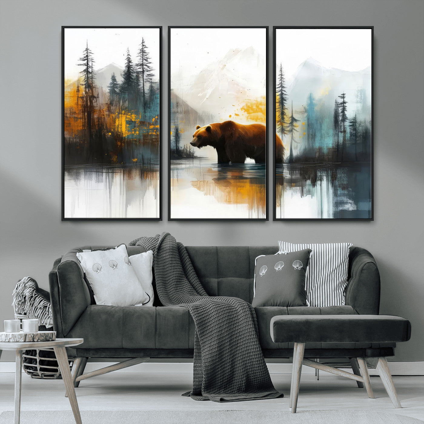 50308-MGV-CV-36X24-Abstract Rustic Bear Wall Art – Forest and Mountain Scene Canvas Print, Nature Artwork for Modern Farmhouse or Log Cabin Decor