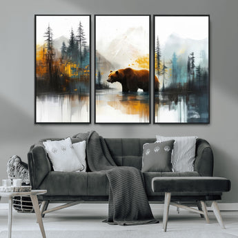 50308-MGV-CV-36X24-Abstract Rustic Bear Wall Art – Forest and Mountain Scene Canvas Print, Nature Artwork for Modern Farmhouse or Log Cabin Decor