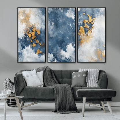 39575-MGV-CV-36X24-Blue and Gold Abstract Wall Art – Modern Canvas Print Featuring Cloudy Textures with Metallic Accents, Contemporary Artwork for