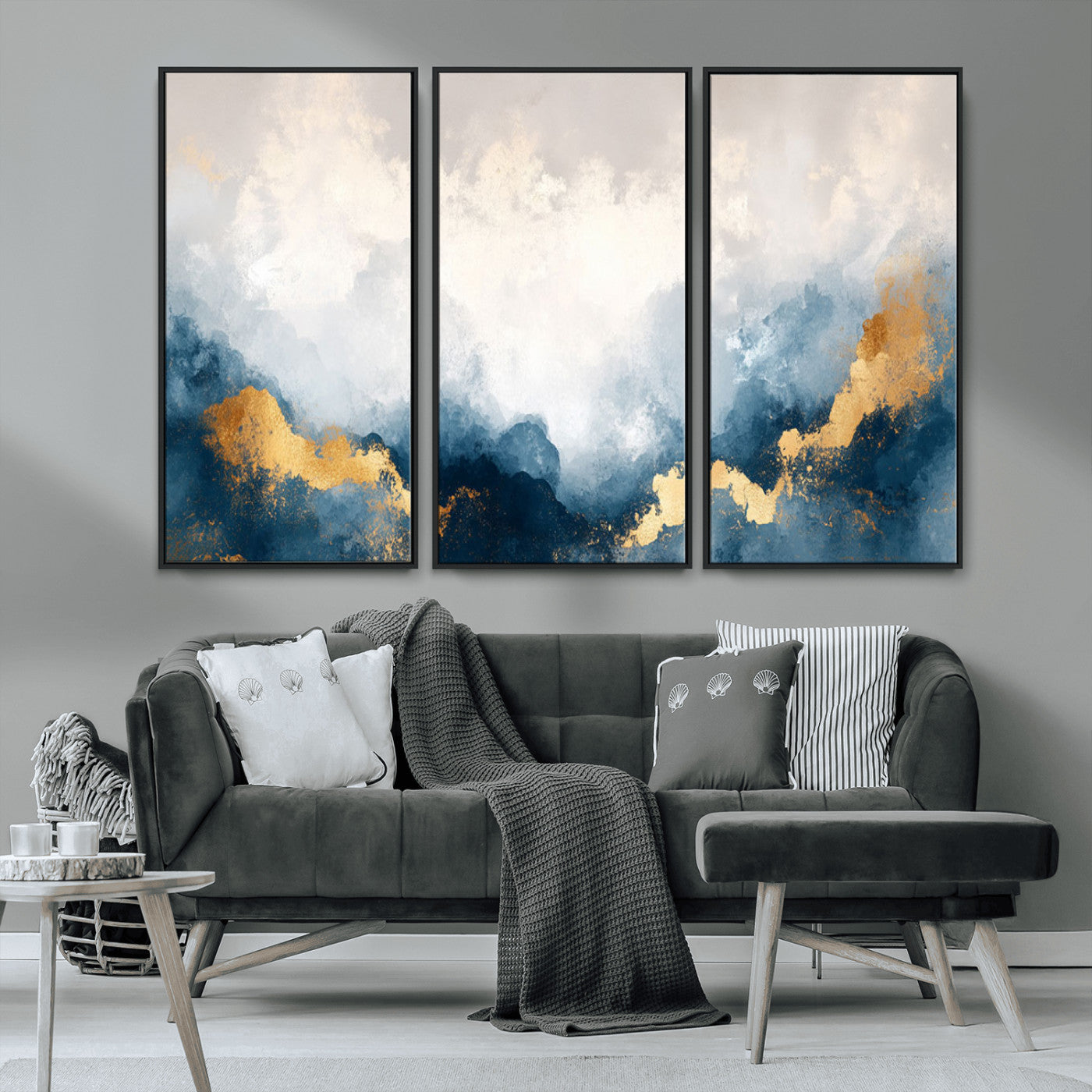 14578-MGV-CV-36X24-Abstract Wall Art – Modern Canvas Print Featuring Blue and White Clouds with Golden Accents, Contemporary Elegant Artwork for