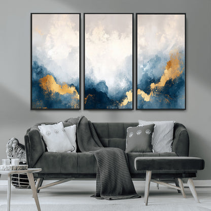14578-MGV-CV-36X24-Abstract Wall Art – Modern Canvas Print Featuring Blue and White Clouds with Golden Accents, Contemporary Elegant Artwork for