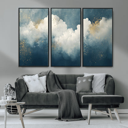 75131-MGV-FC-48X32-3P_Black-Abstract Cloud Wall Art – Modern Canvas Print Featuring Blue and White Clouds with Golden Accents, Contemporary Artwork for Living