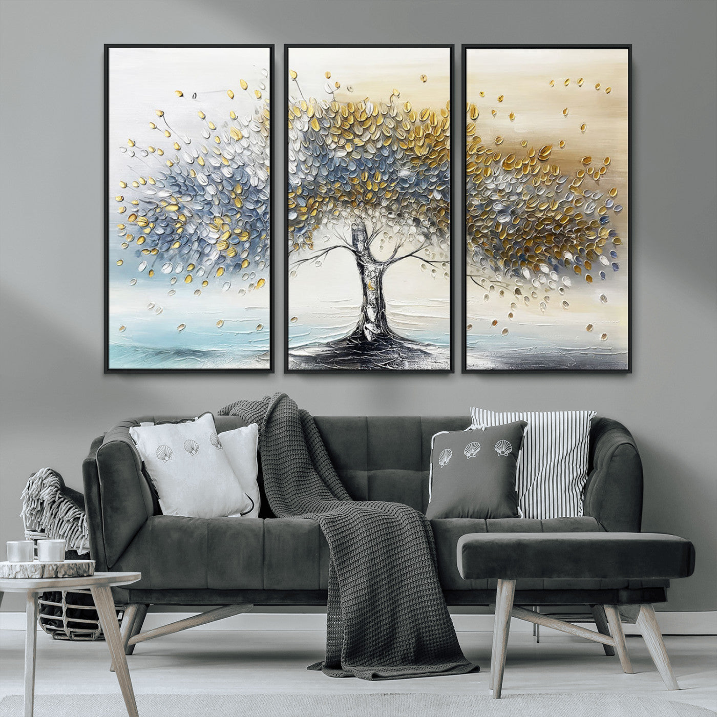 24771-MGV-CV-36X24-Silver Tree Wall Art Canvas Print, Framed Golden Leaves Art Picture Print, Metallic Tree Perfect Minimalist Luxury Decor Artwork