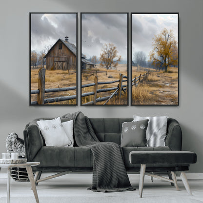 Farm1-MGV-CV-36X24-Rustic Autumn Farmhouse Wall Art – Serene Countryside Scene Canvas Print, Weathered Barn and Autumn Trees Decor for Living Room,