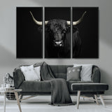 97914921-MGV-CV-36X24-Black Bull Wall Art Canvas Print, Framed Longhorn Bull Art Picture Print, Western Bull Perfect Monochrome Western Decor Artwork